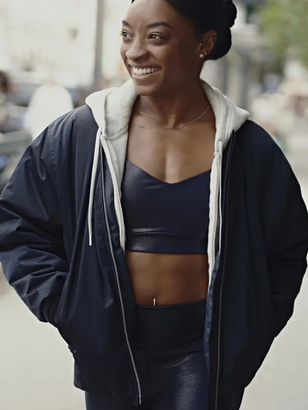 Athleta x Simone Biles Limited Edition Sateen Bomber Jacket in Simone Navy Blue